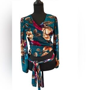 Teal Floral Wrap Blouse with Tie Waist size M/L